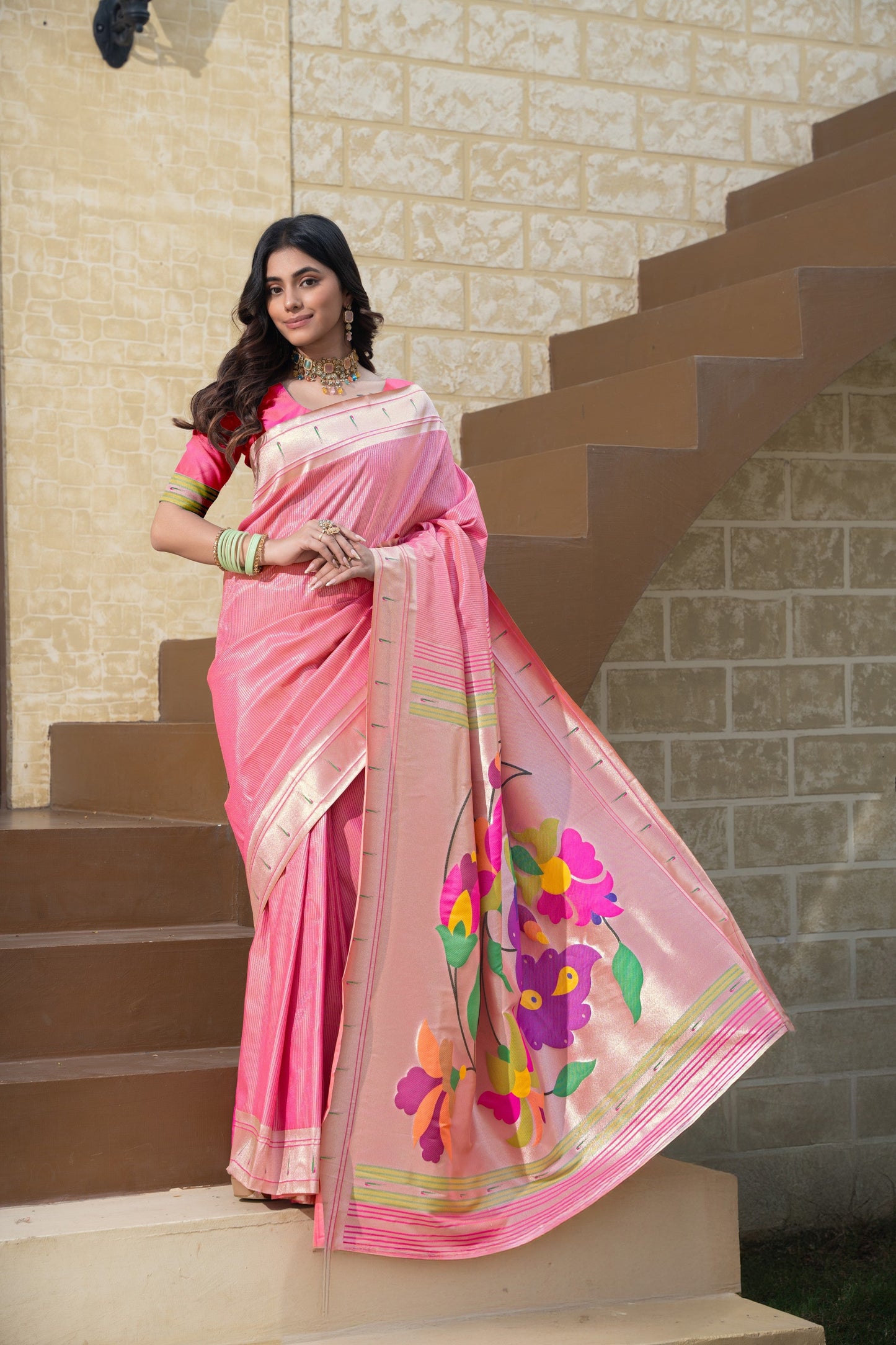 Dhiyona GR Women's Antara Pink Paithani Soft Blended Silk Saree