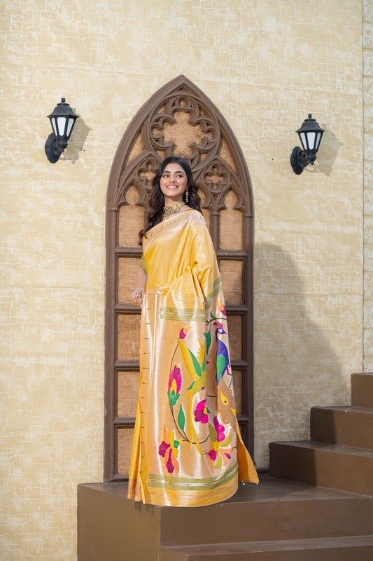 Dhiyona GR Women's Antara Yellow Paithani Soft Blended Silk Saree