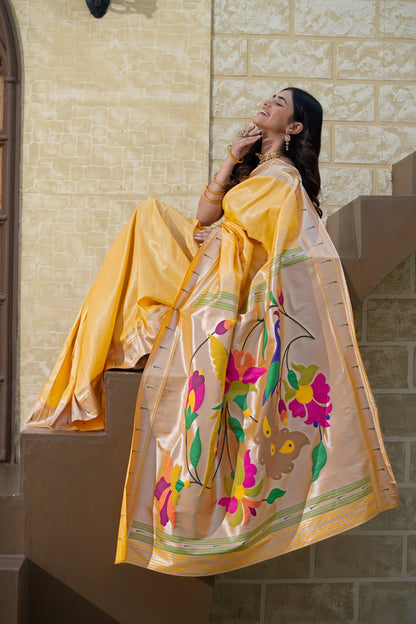 Dhiyona GR Women's Antara Yellow Paithani Soft Blended Silk Saree