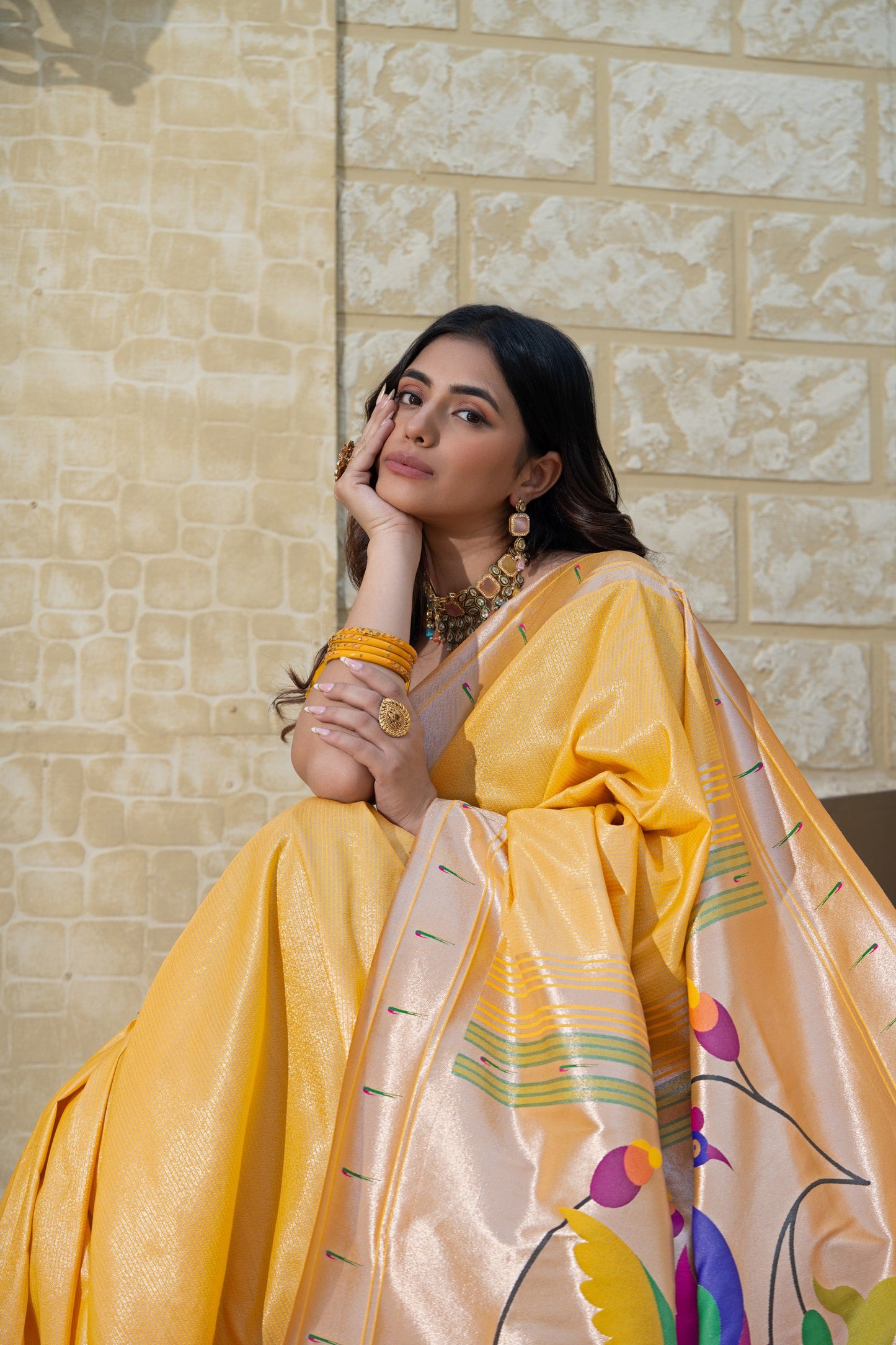Dhiyona GR Women's Antara Yellow Paithani Soft Blended Silk Saree