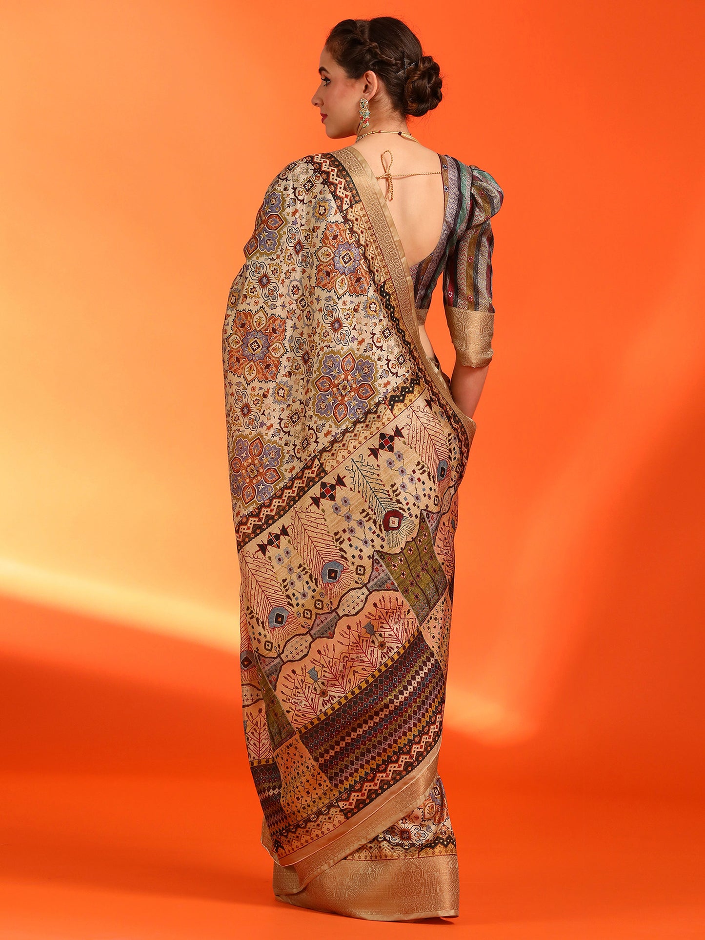 Women's Dola Silk Cream Printed Designer Saree With Blouse Piece