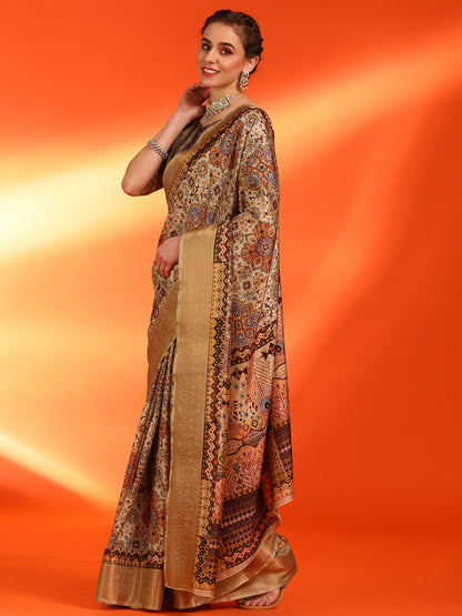 Women's Dola Silk Cream Printed Designer Saree With Blouse Piece