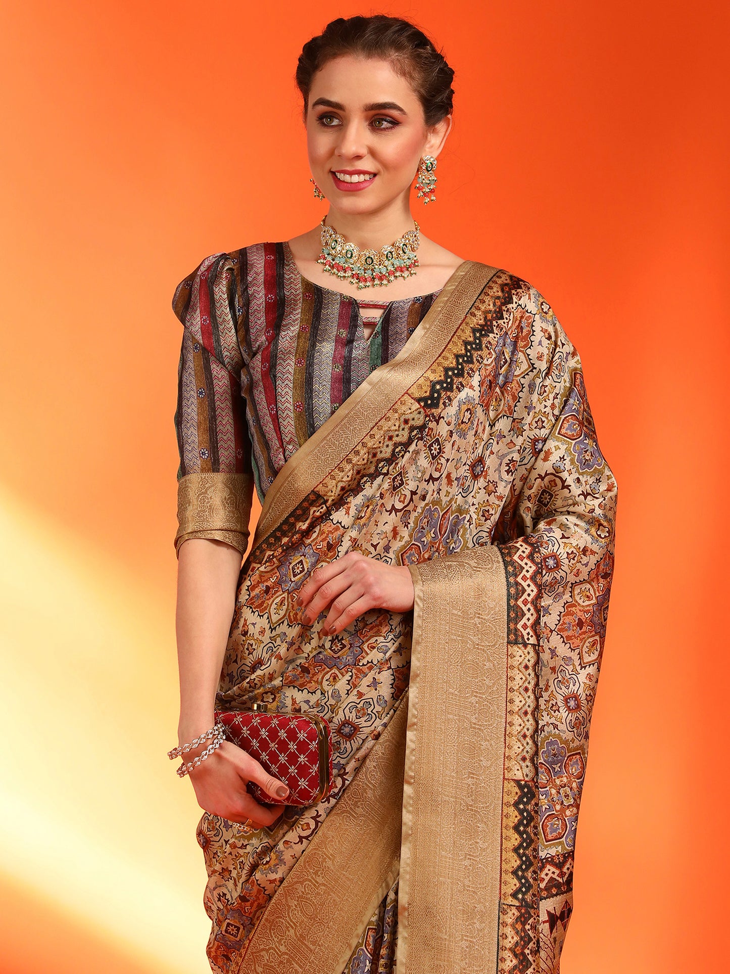 Women's Dola Silk Cream Printed Designer Saree With Blouse Piece