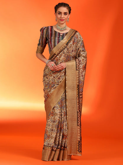 Women's Dola Silk Cream Printed Designer Saree With Blouse Piece