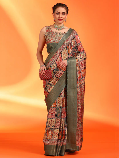 Women's Dola Silk Multicolored Printed Designer Saree With Blouse Piece