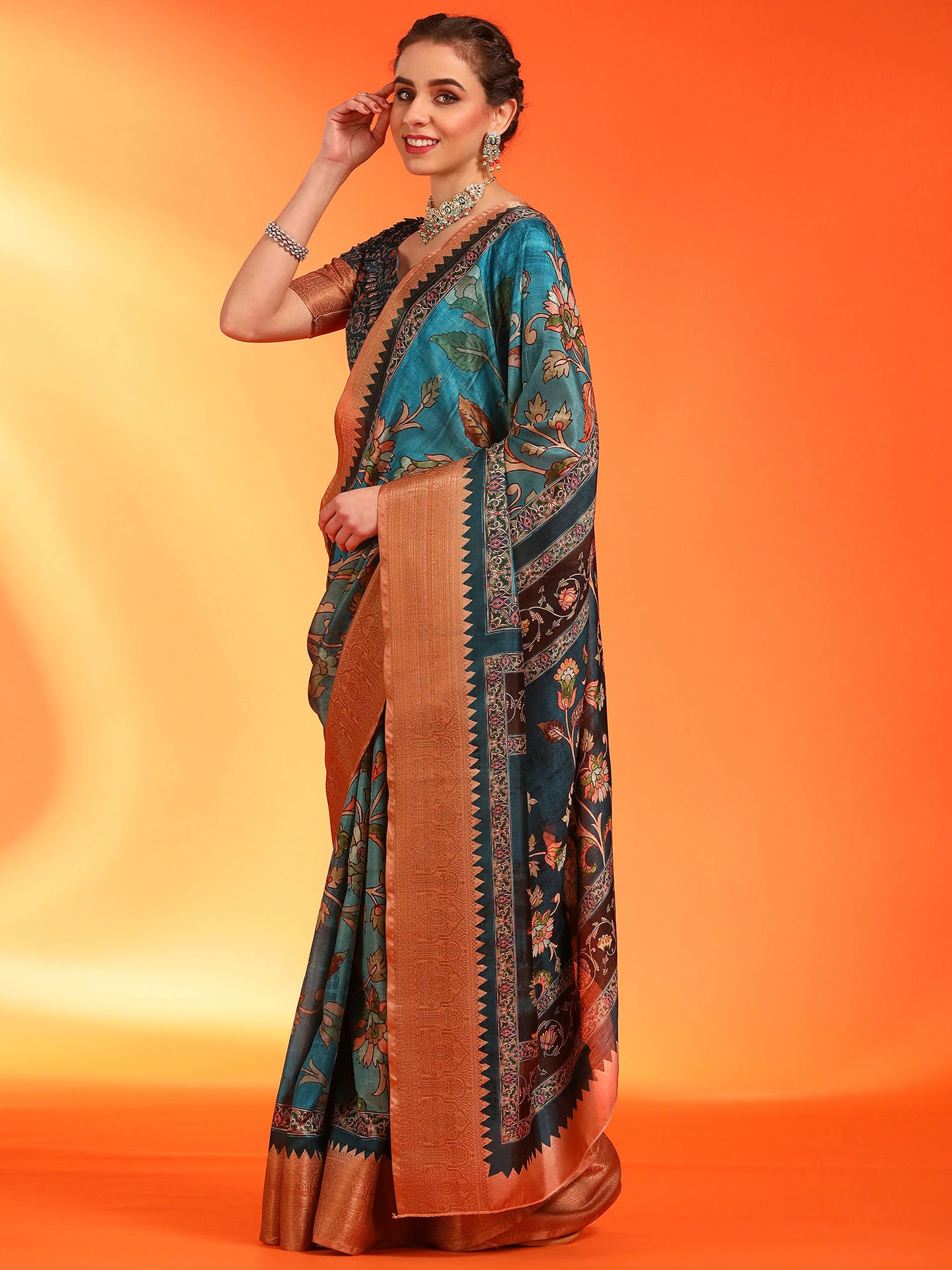 Women's Dola Silk Blue Printed Designer Saree With Blouse Piece