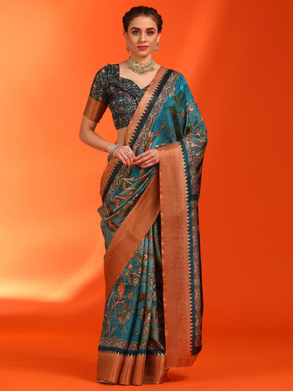 Women's Dola Silk Blue Printed Designer Saree With Blouse Piece
