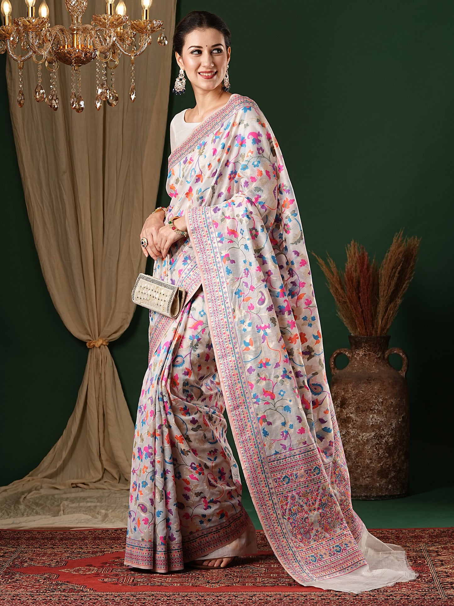 Women's Silk Cotton White Woven Design Celebrity Saree With Blouse Piece