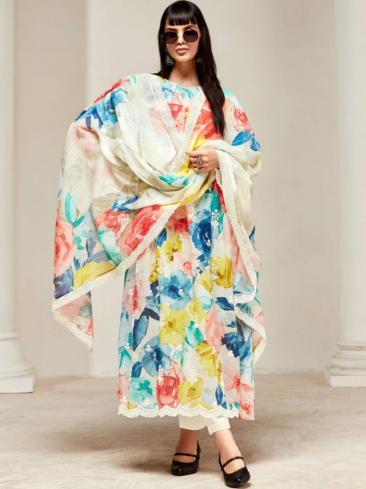 Dhiyona IE Women Floral Embroidered Empire Thread Work Kurta with Trousers & With Dupatta