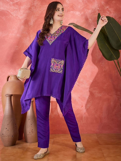 Dhiyona SN Women's Ethnic Motifs Embroidered Zari Sequence Kaftan Kurta & Trousers Set