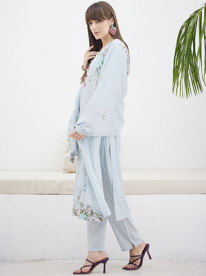 Floral Embroidered Straight Thread Work Pure Cotton Kurta With Trousers & Dupatta