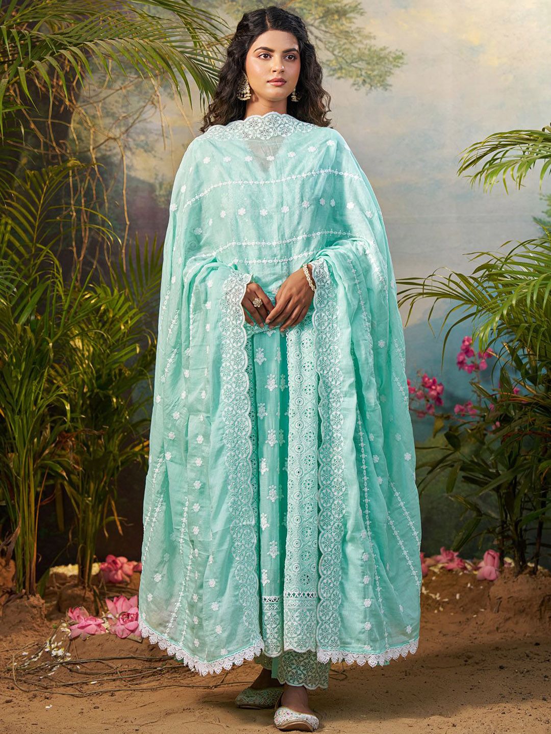 Women Floral Embroidered Cotton Kurta with Trousers & Dupatta