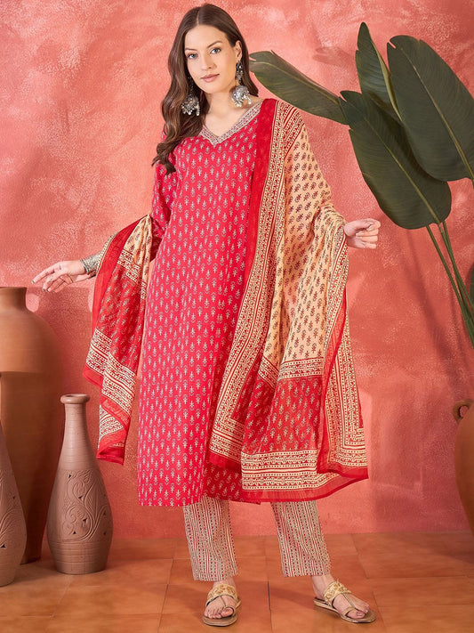 Dhiyona SN Women's SangriaFloral Printed V Neck Pure Cotton Kurta With Trousers & Dupatta