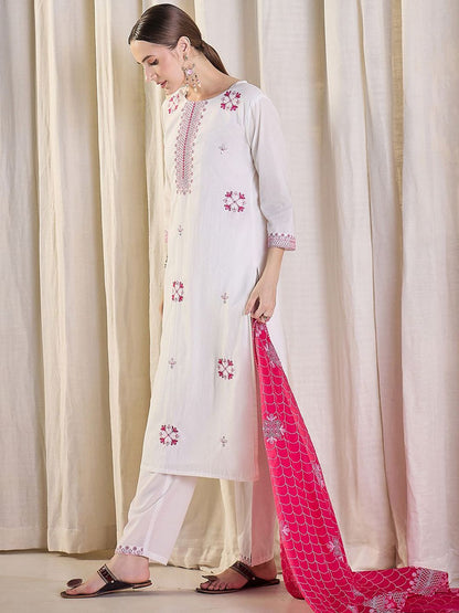 Women Ethnic Motifs Embroidered Cotton Kurta with Trousers & Dupatta