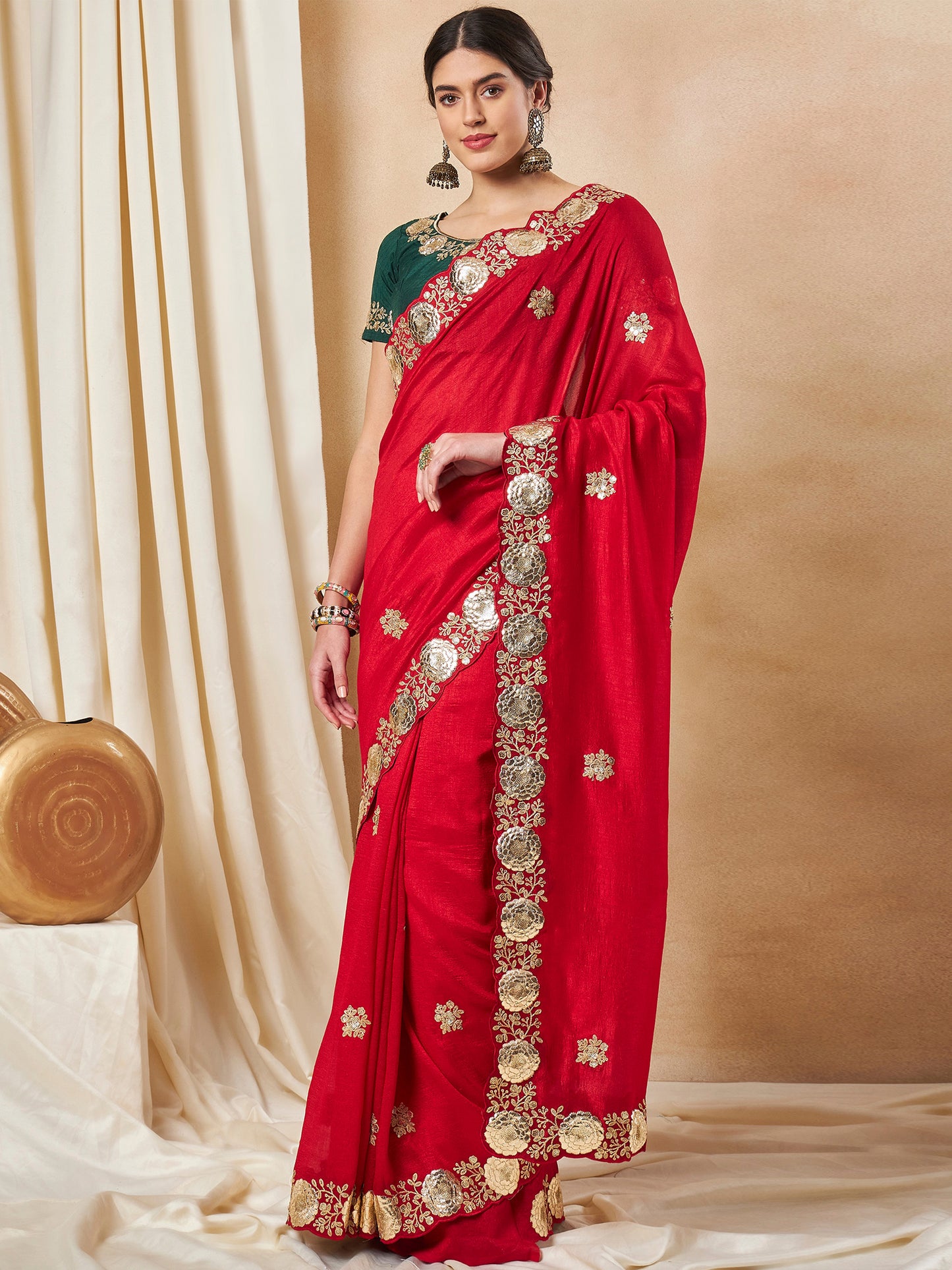 Women's Vichitra Silk Red Embellished Designer Saree With Blouse Piece
