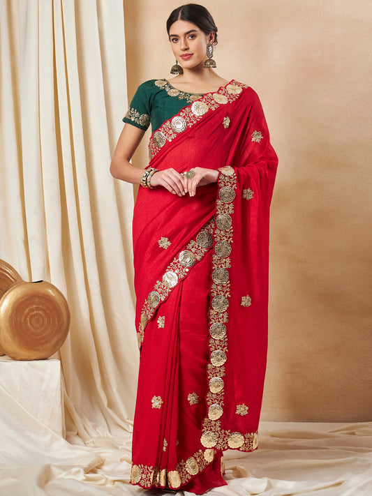 Women's Vichitra Silk Red Embellished Designer Saree With Blouse Piece