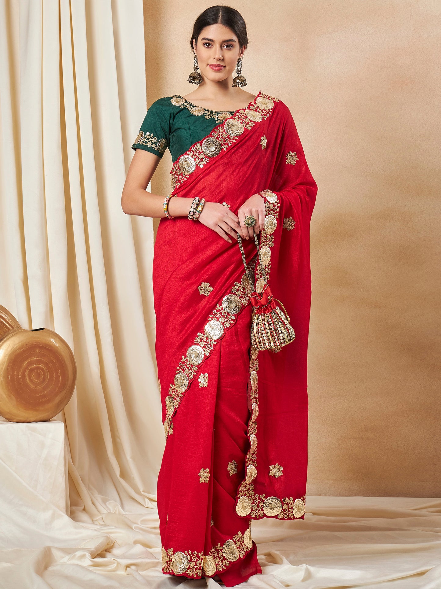 Women's Vichitra Silk Red Embellished Designer Saree With Blouse Piece