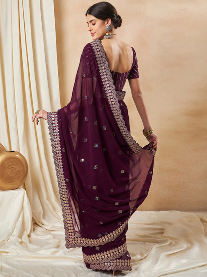 Women's Georgette Purple Embellished Designer Saree With Blouse Piece