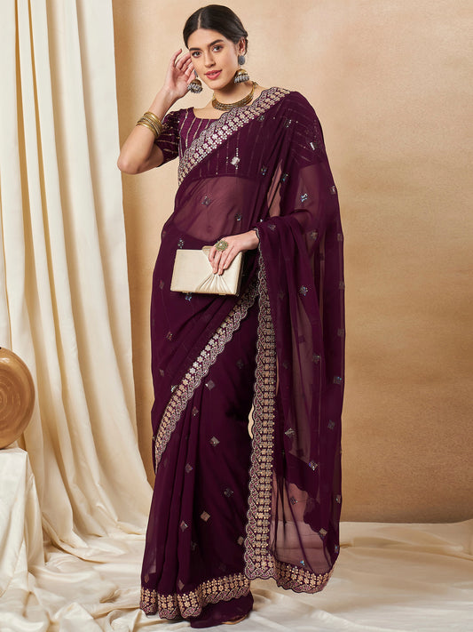 Women's Georgette Purple Embellished Designer Saree With Blouse Piece