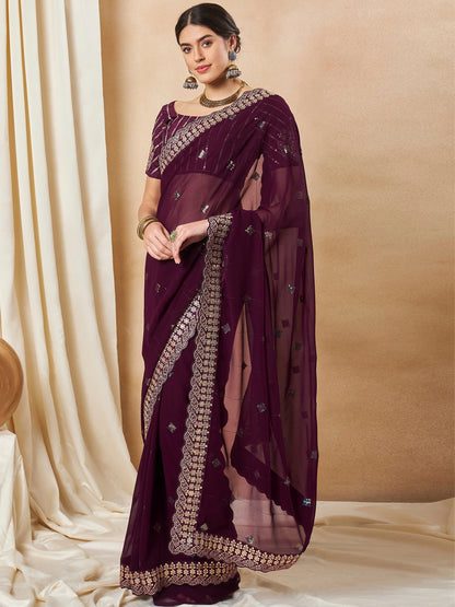 Women's Georgette Purple Embellished Designer Saree With Blouse Piece