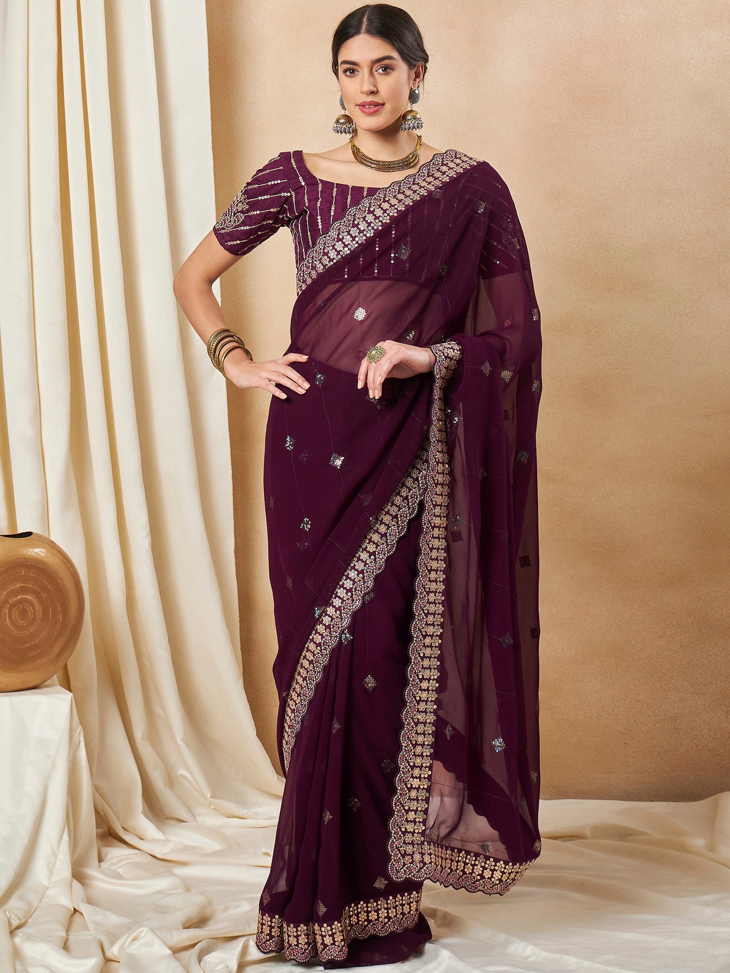 Women's Georgette Purple Embellished Designer Saree With Blouse Piece