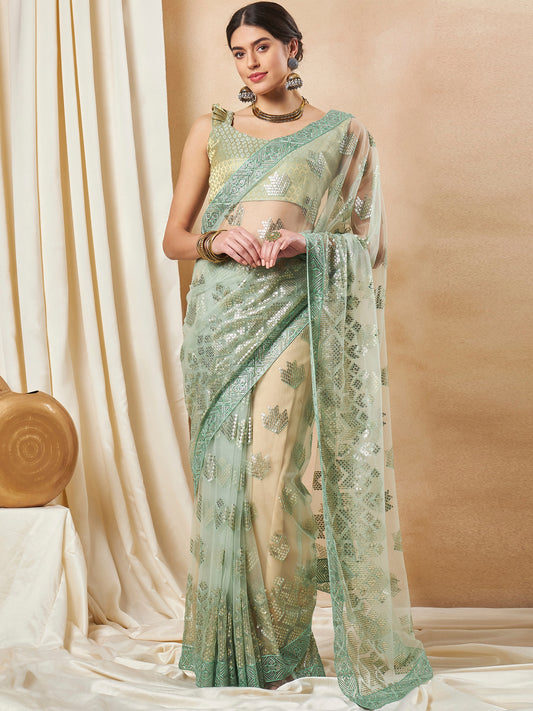 Women's Net Light Green Embellished Designer Saree With Blouse Piece