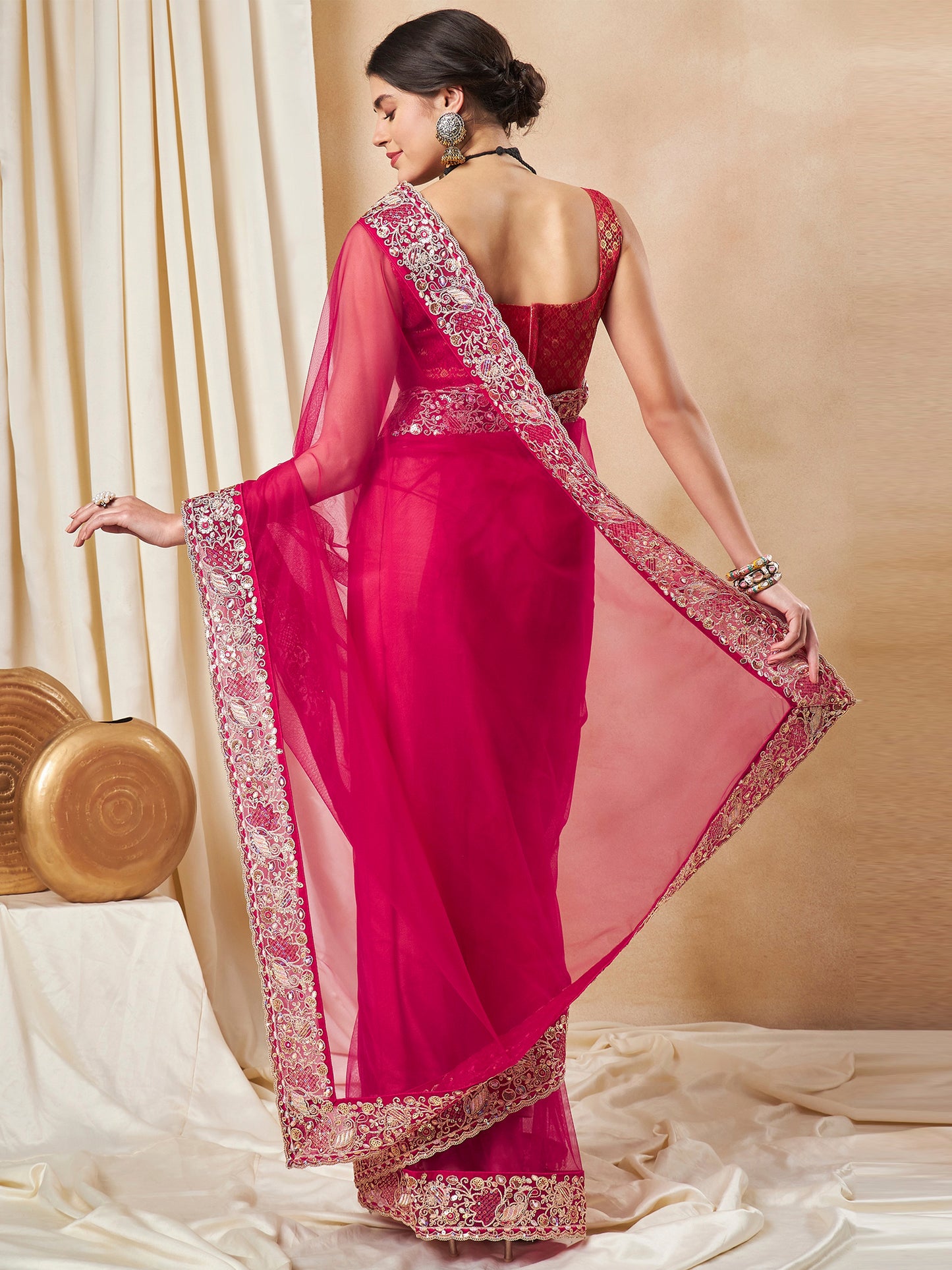 Women's Net Pink Embellished Designer Saree With Blouse Piece