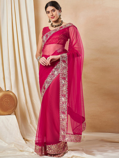 Women's Net Pink Embellished Designer Saree With Blouse Piece