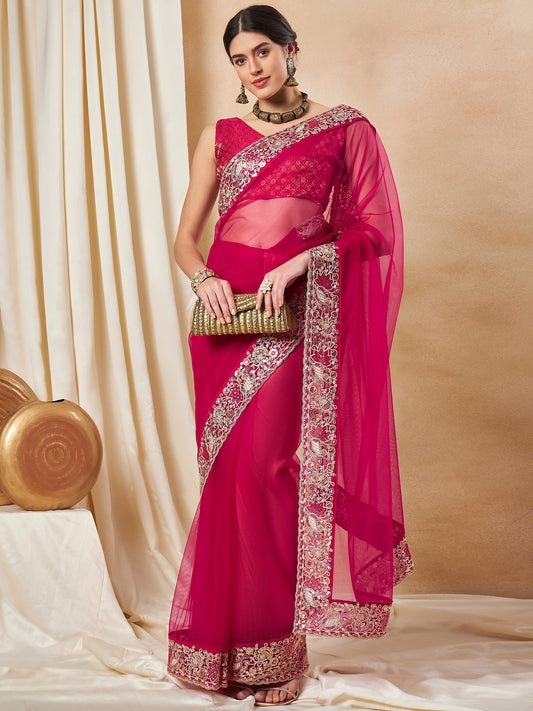 Women's Net Pink Embellished Designer Saree With Blouse Piece