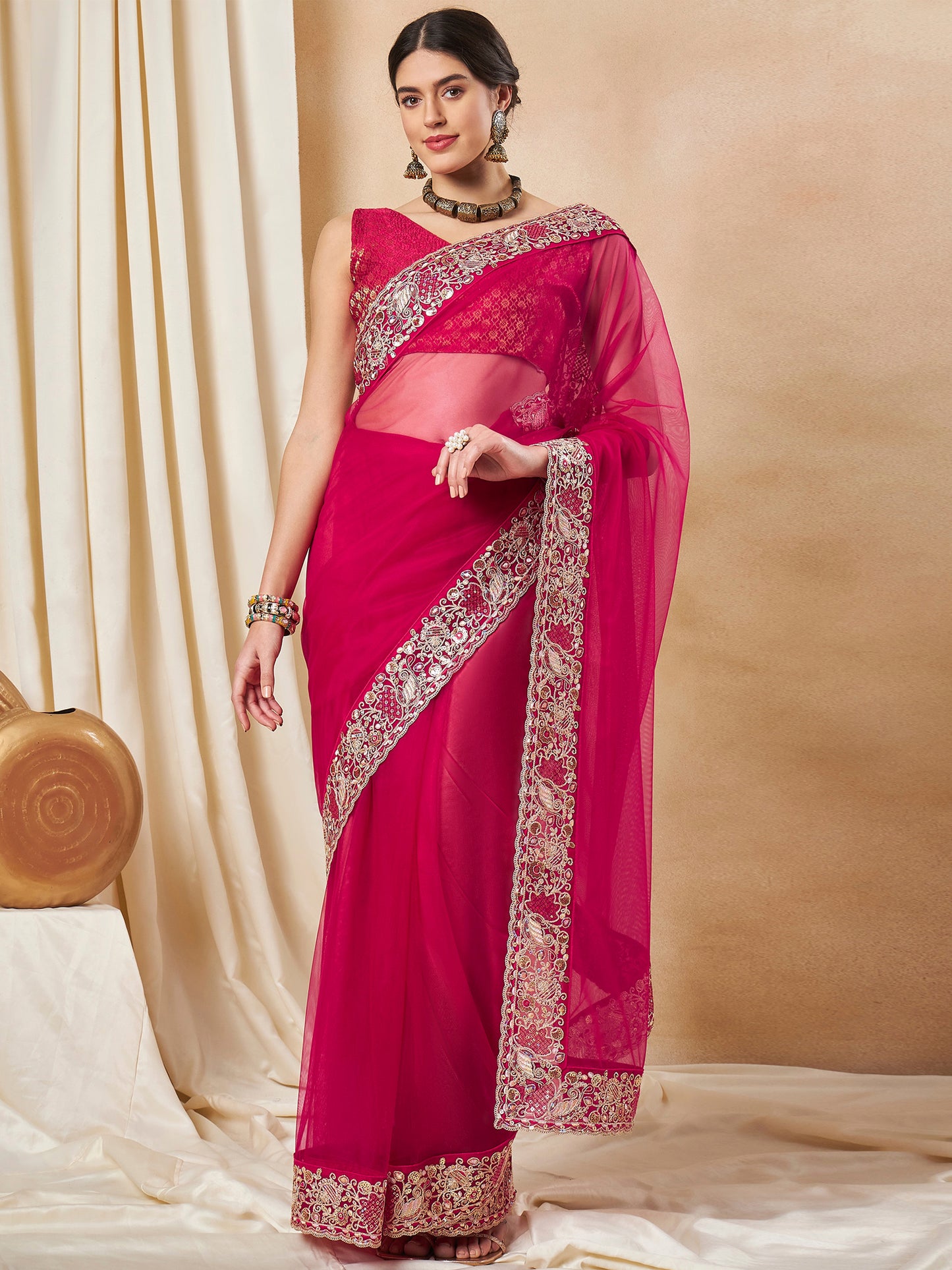 Women's Net Pink Embellished Designer Saree With Blouse Piece