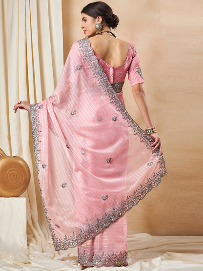 Women's Georgette Pink Embellished Designer Saree With Blouse Piece