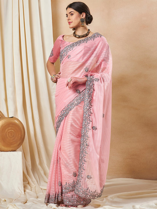 Women's Georgette Pink Embellished Designer Saree With Blouse Piece