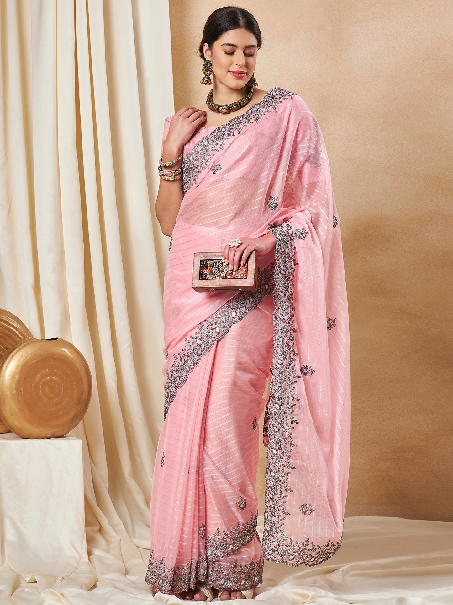 Women's Georgette Pink Embellished Designer Saree With Blouse Piece