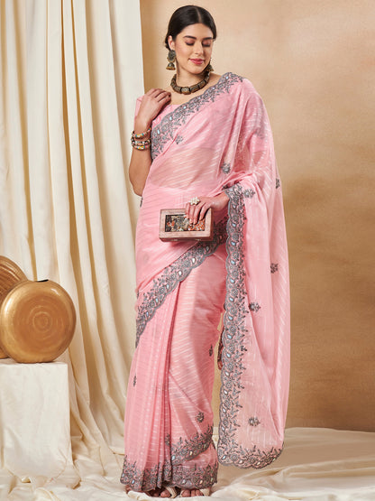 Women's Georgette Pink Embellished Designer Saree With Blouse Piece