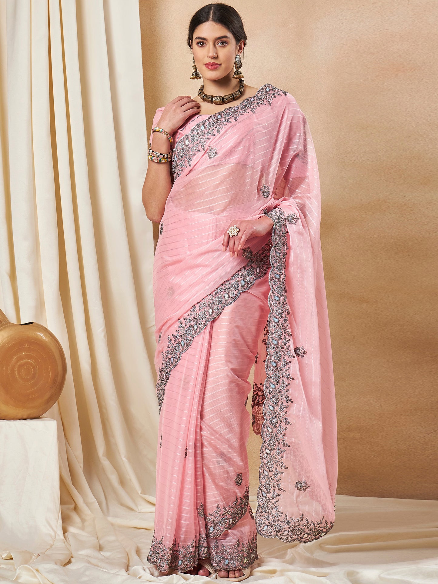 Women's Georgette Pink Embellished Designer Saree With Blouse Piece