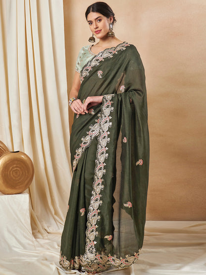 Women's Silk Blend Olive Embellished Designer Saree With Blouse Piece
