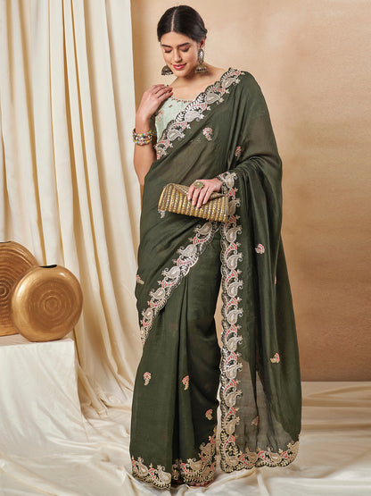 Women's Silk Blend Olive Embellished Designer Saree With Blouse Piece