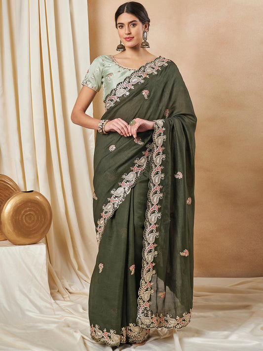 Women's Silk Blend Olive Embellished Designer Saree With Blouse Piece