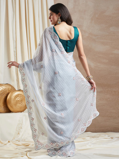 Women's Georgette Grey Embellished Designer Saree With Blouse Piece