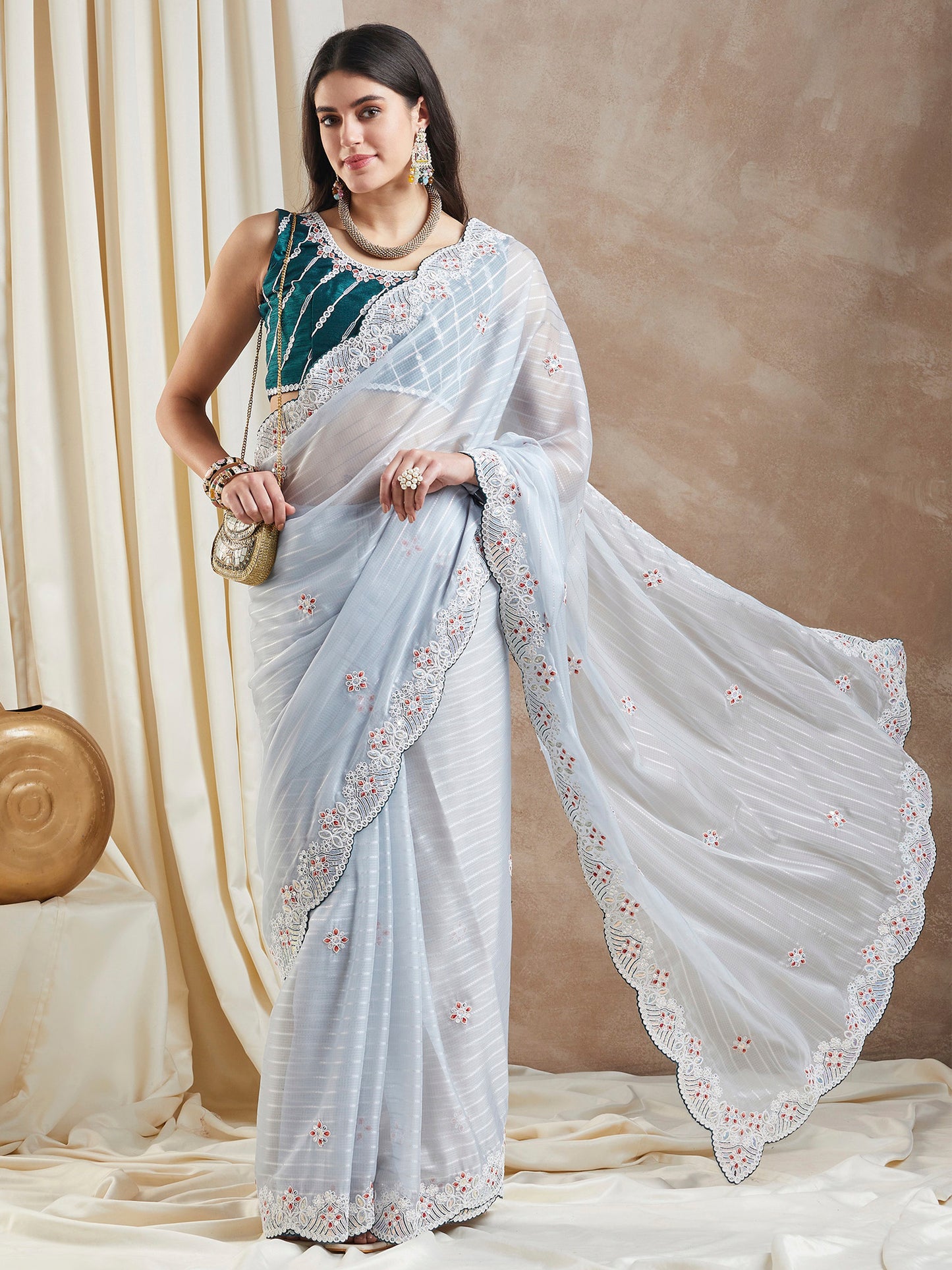Women's Georgette Grey Embellished Designer Saree With Blouse Piece