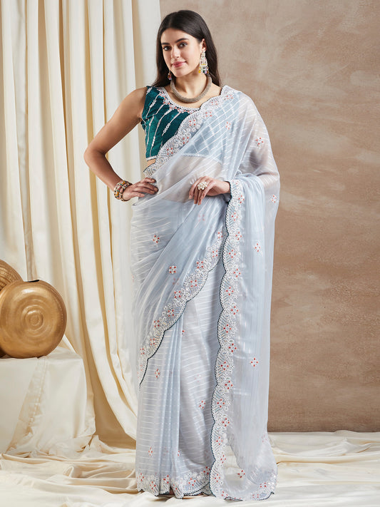 Women's Georgette Grey Embellished Designer Saree With Blouse Piece