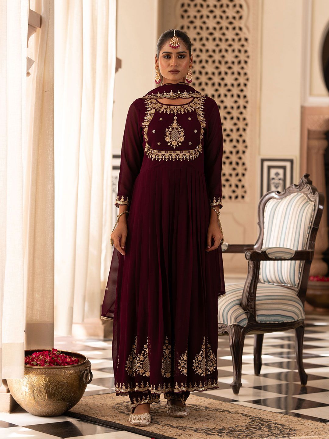 Dhiyona CH Floral Embroidered Mirror Work Georgette Anarkali Kurta with Trousers & Dupatta