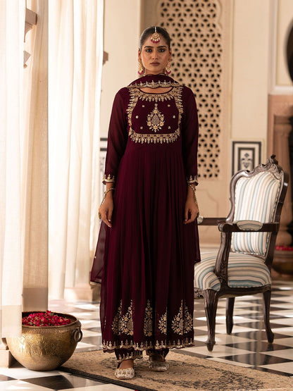 Dhiyona CH Floral Embroidered Mirror Work Georgette Anarkali Kurta with Trousers & Dupatta