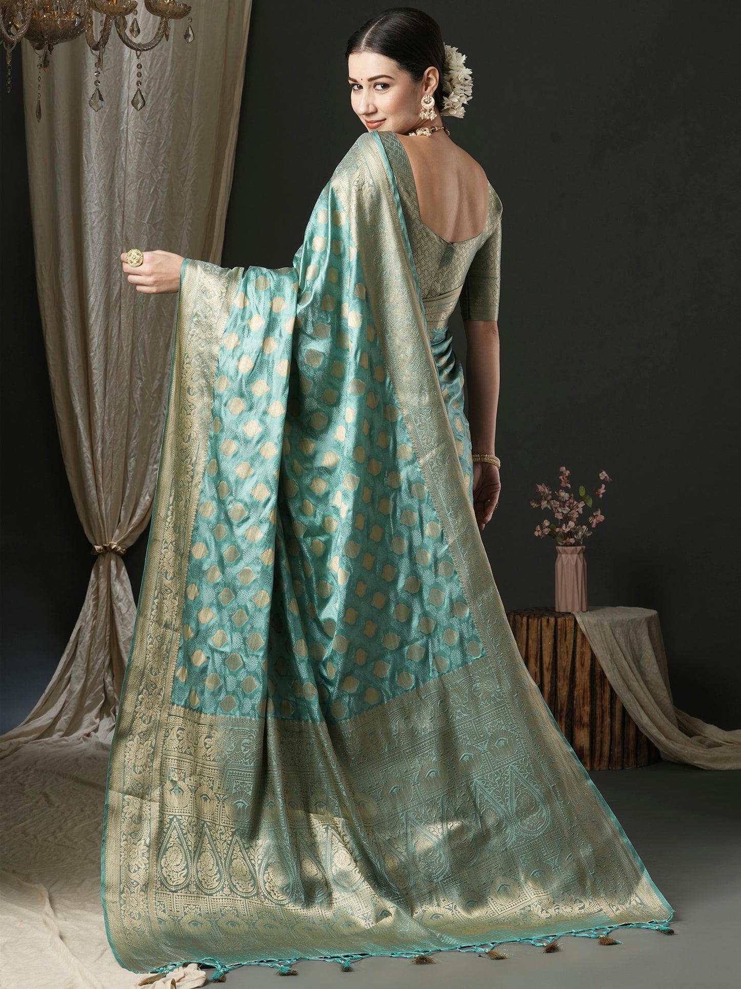 Women's Satin Silk Turquoise Woven Design Designer Saree With Blouse Piece