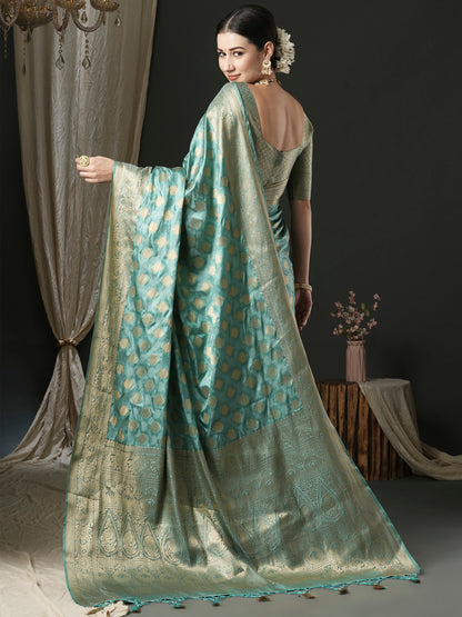 Women's Satin Silk Turquoise Woven Design Designer Saree With Blouse Piece