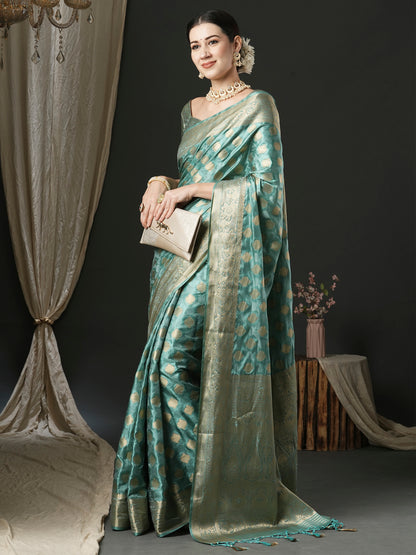 Women's Satin Silk Turquoise Woven Design Designer Saree With Blouse Piece