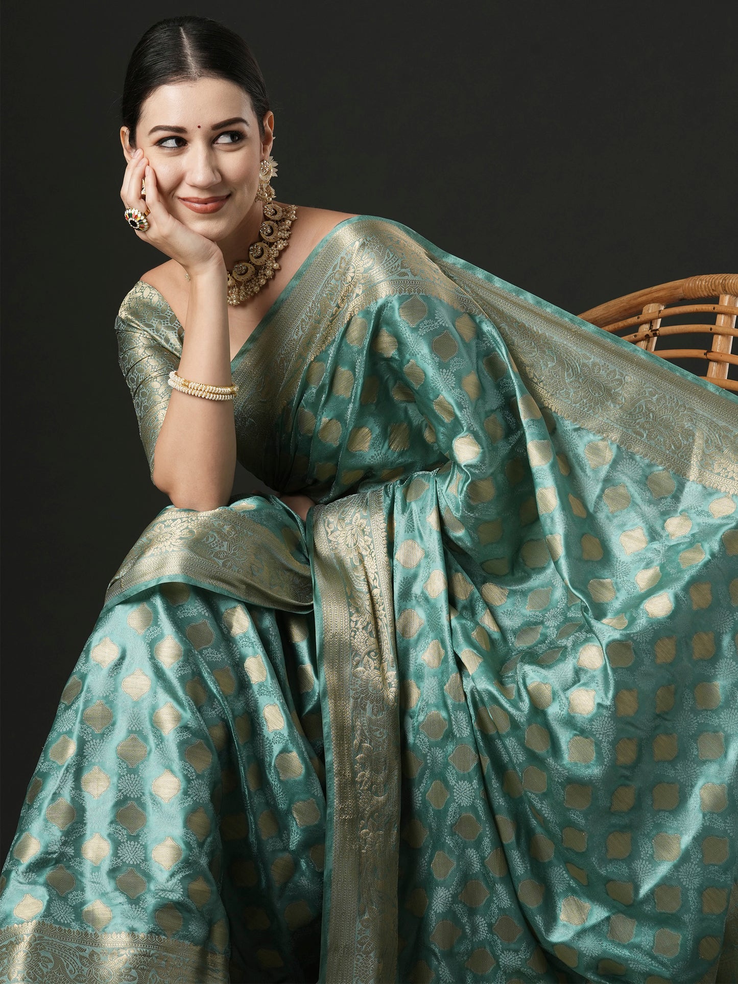 Women's Satin Silk Turquoise Woven Design Designer Saree With Blouse Piece