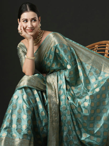 Women's Satin Silk Turquoise Woven Design Designer Saree With Blouse Piece