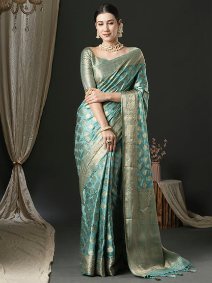 Women's Satin Silk Turquoise Woven Design Designer Saree With Blouse Piece