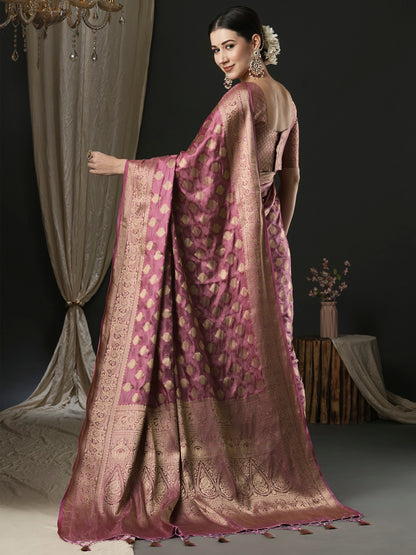Women's Satin Silk Pink Woven Design Designer Saree With Blouse Piece